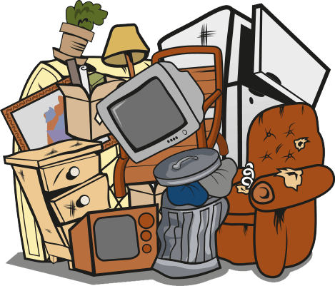 Illustration des objets ramassés par Gobe-Tout : électroménagers, meubles, déchets variés dans le Grand Montréal.